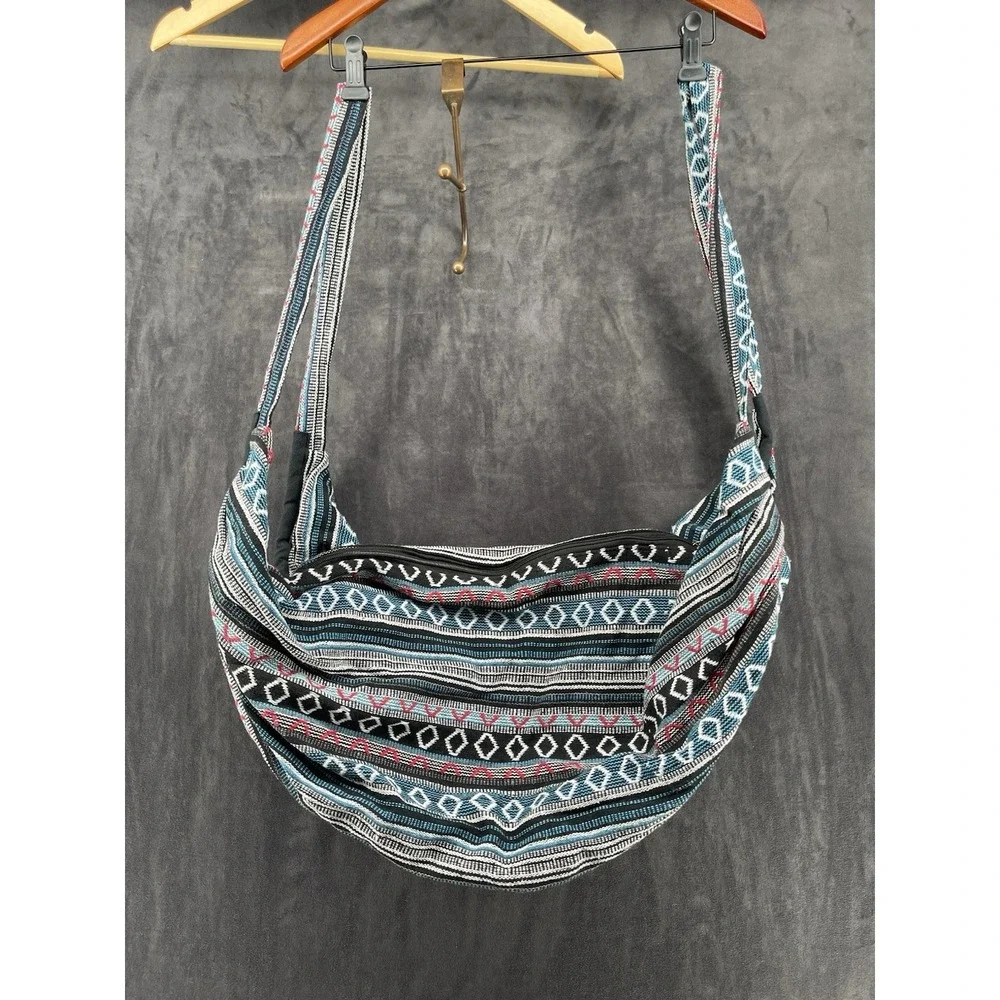 Boho Tribal Woven Hobo Shoulder Bag Blue Black Southwest Hippie Large‎ Tote